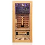 Dewello Infrarotkabine Infrarotsauna Milton 90x90 für 1 Personen aus Hemlock Holz mit Vollspektrumstrahler, LED-Farblicht Sternenhimmel und Steinwand, Bluetooth, FM,MP3,USB